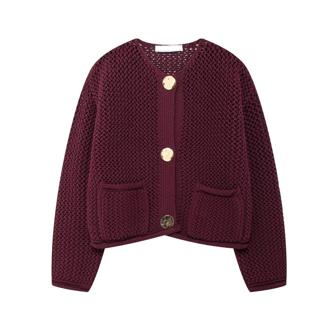 Damen modische Strickjacke mit goldenen Knöpfen und Eingrifftaschen