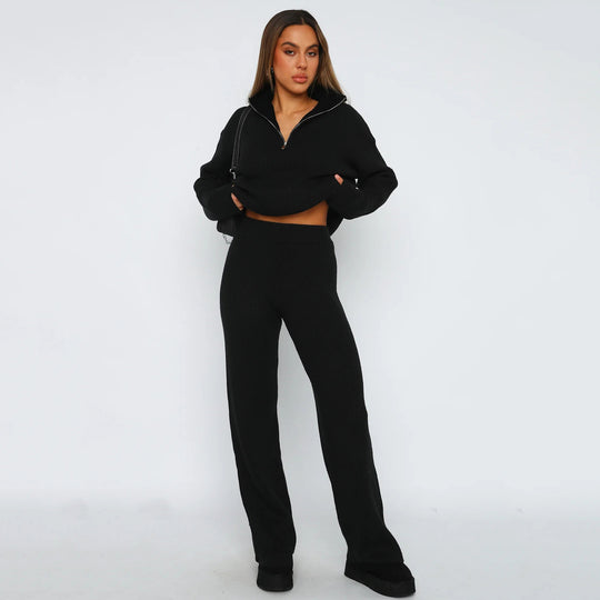 Damen lässiges Strickensemble mit hohem Kragen und seitlichem Reißverschluss R&B