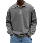 Herren nan lässiges Poloshirt-Sweatshirt mit Kragen, Vintage-Waschung und dreiteiliger Knopfleiste R&B