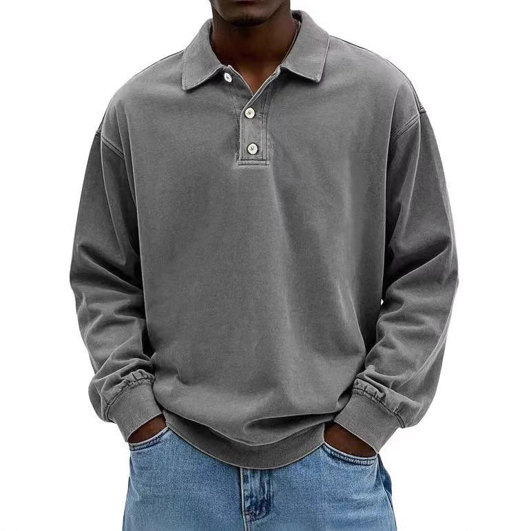 Herren nan lässiges Poloshirt-Sweatshirt mit Kragen, Vintage-Waschung und dreiteiliger Knopfleiste R&B