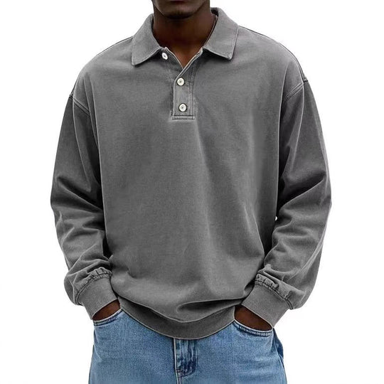 Herren nan lässiges Poloshirt-Sweatshirt mit Kragen, Vintage-Waschung und dreiteiliger Knopfleiste R&B