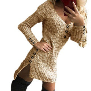 Damen Strickkleid mit V-Ausschnitt und Knopfdetails R&B