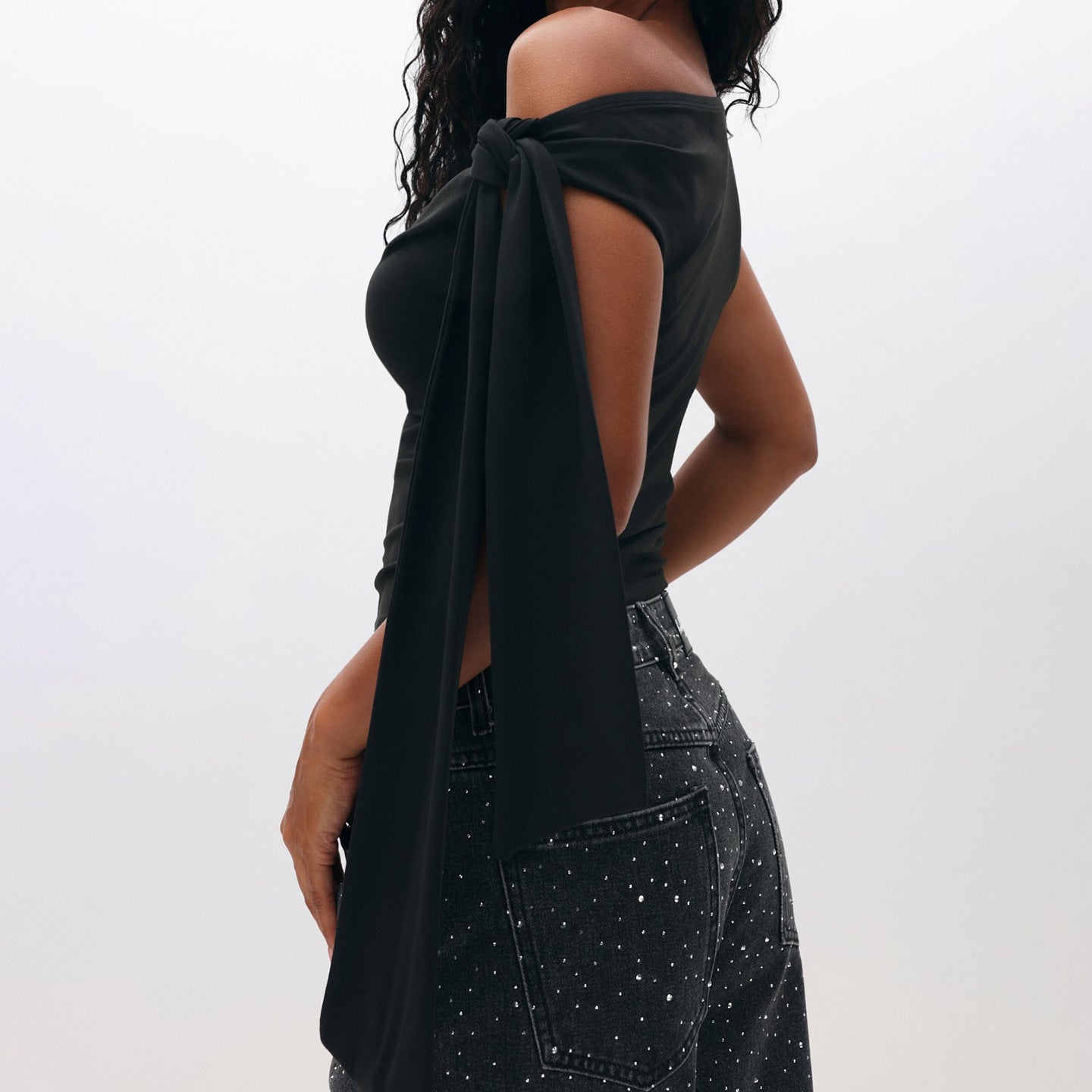 Damen Elegantes One-Shoulder Top mit dekorativen Steinen R&B