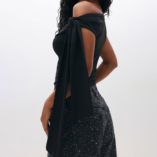 Damen Elegantes One-Shoulder Top mit dekorativen Steinen R&B