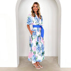 Damen Maxikleid mit botanischem Blütenmuster und tailliertem Bindegürtel R&B