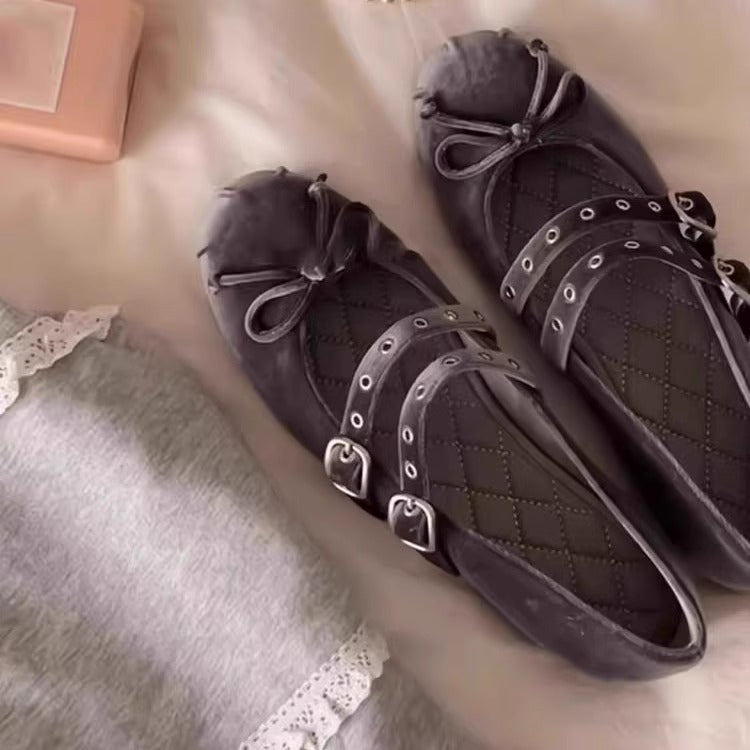 Damen Ballerina-Schuhe mit dekorativer Schleifenapplikation und doppeltem Riemendesign