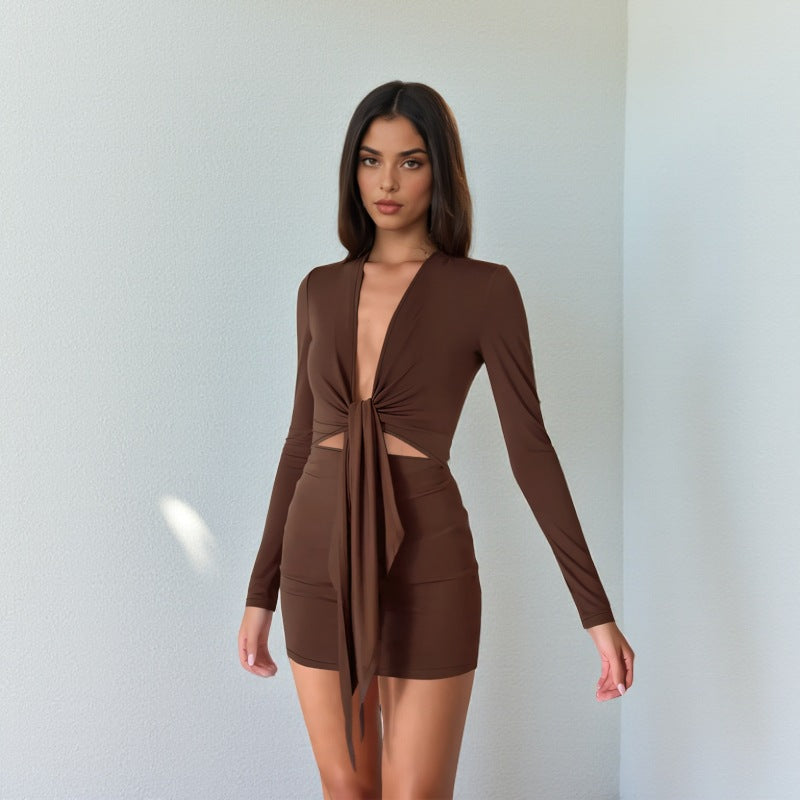 Damen figurbetontes Wickeloberteil-Kleid mit langen Ärmeln und seitlichen Cut-Outs R&B