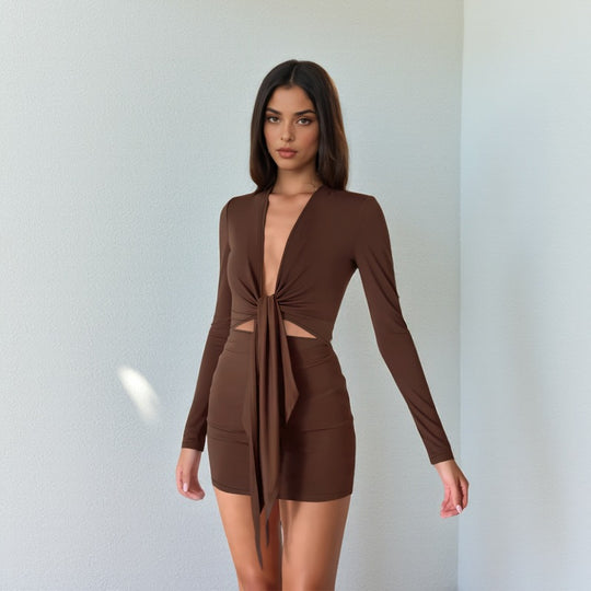 Damen figurbetontes Wickeloberteil-Kleid mit langen Ärmeln und seitlichen Cut-Outs R&B