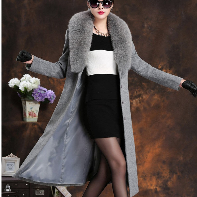 Damen elegante Wollmantel mit abnehmbarem Pelzkragen R&B