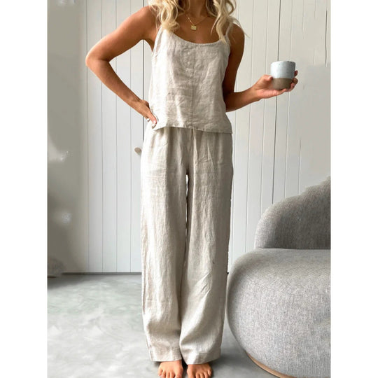 Damen lässiges Leinen-Set mit trägerloser Bluse und weiten Hosen R&B