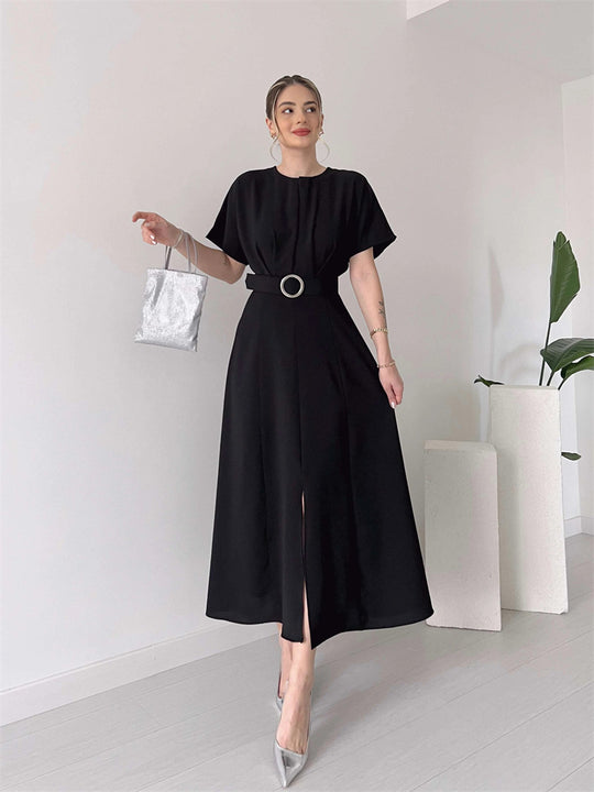 Damen Maxikleid mit Taillengürtel und puffärmeln R&B