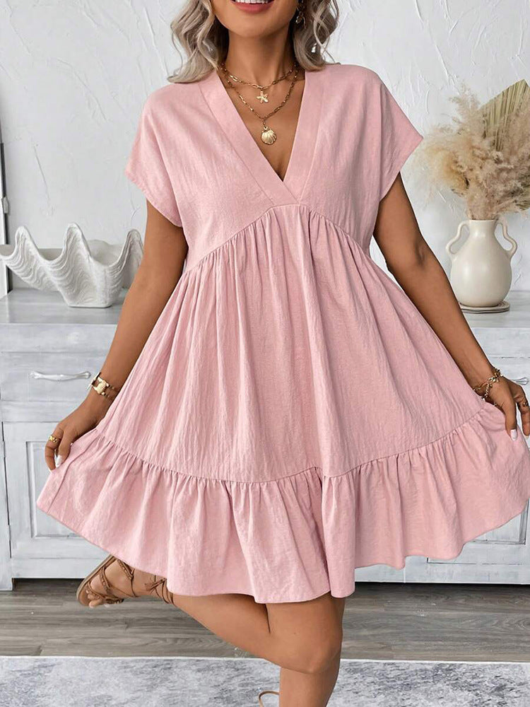 Damen kurzes Sommerkleid mit tiefem V-Ausschnitt und Rüschensaum R&B