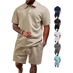 Herren nan geprägtes Waffel-Polo mit Kentkragen und elastischer Tunnelzugshorts im Set R&B