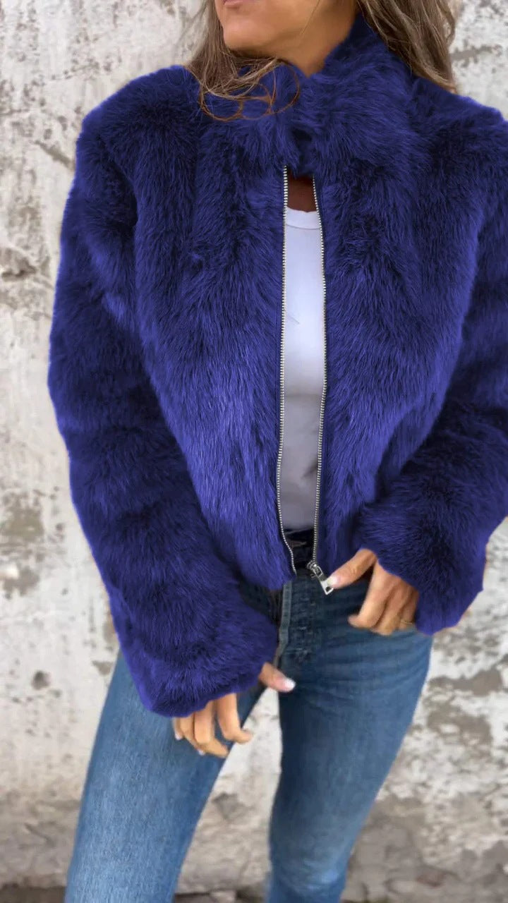 Damen kuschelige Fleecejacke mit hohem Kragen und Reißverschluss
