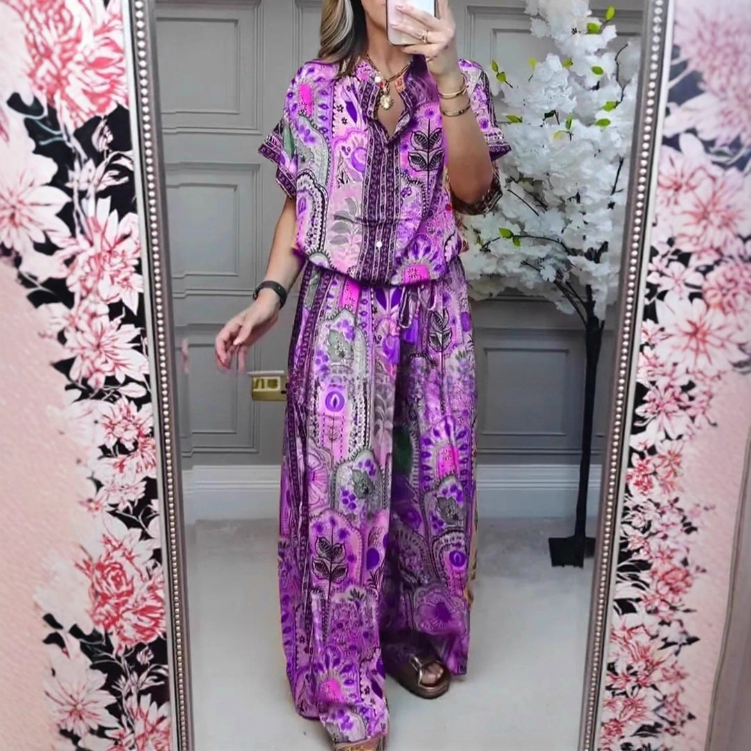 Damen nan Boho-Zweiteiler aus leichter Viskose mit Kurzarmbluse Knopfleiste Kordelbund und weitem Palazzohose R&B