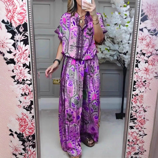 Damen nan Boho-Zweiteiler aus leichter Viskose mit Kurzarmbluse Knopfleiste Kordelbund und weitem Palazzohose R&B