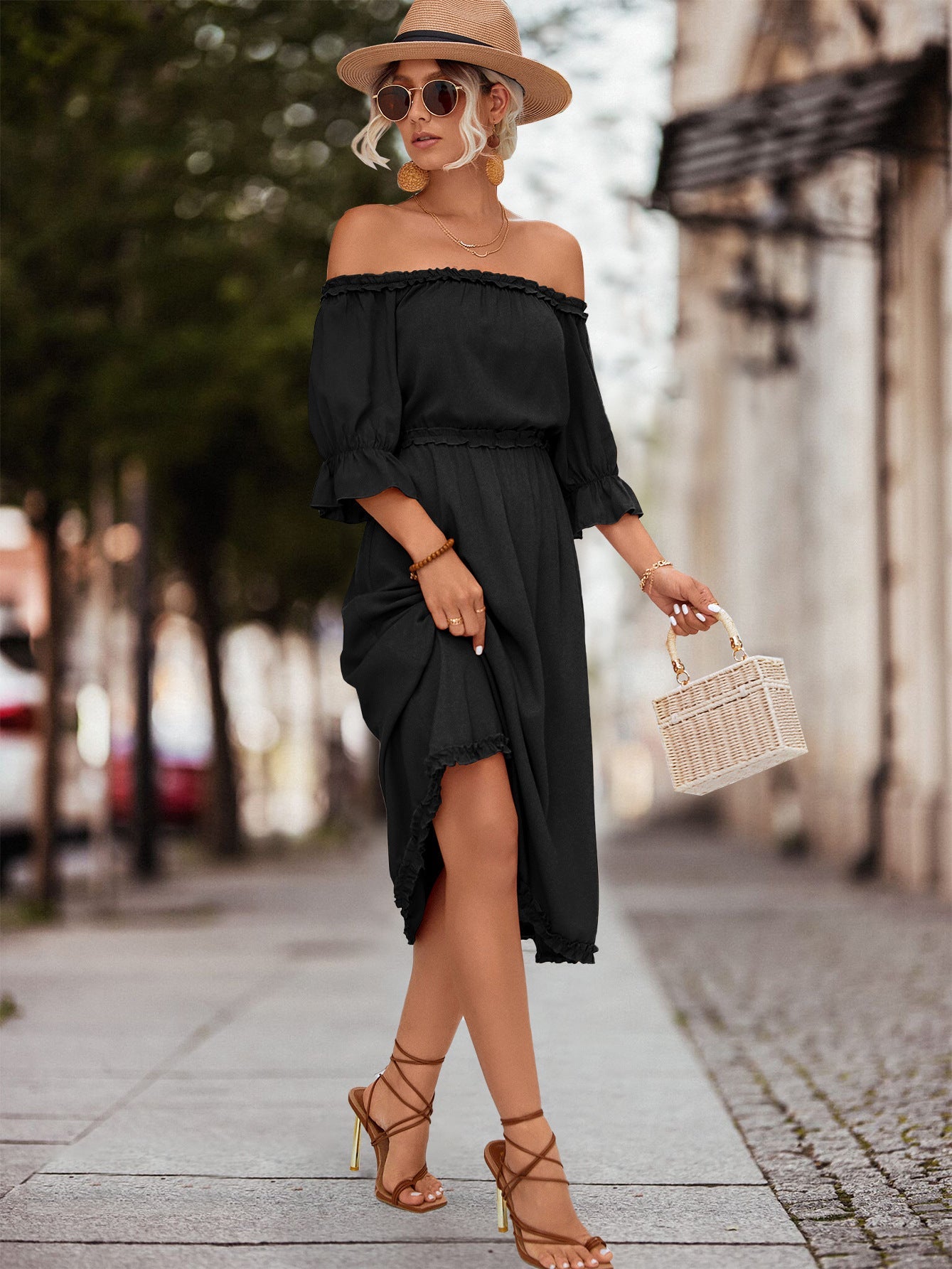 Damen Off-Shoulder Maxikleid mit elastischem Tailleneinsatz und Rüschendetails R&B