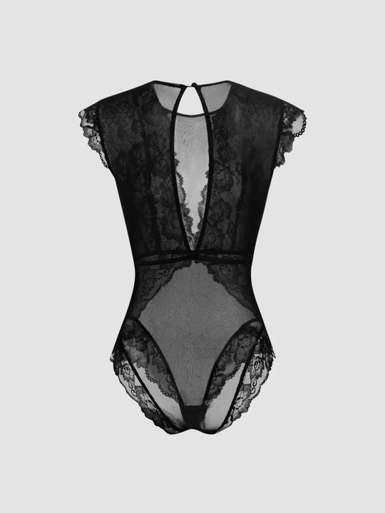 Damen Elegantes Spitzenbody mit tiefem V-Ausschnitt und zarten Rüschendetails R&B