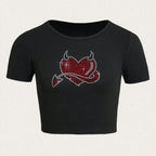 Damen Cropped T-Shirt mit kreativem Skelettdesign R&B