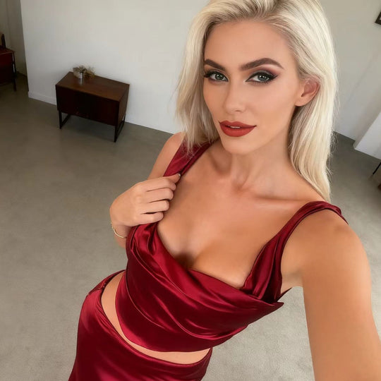 Damen Elegantes Satin Set mit tailliertem Oberteil und schwingendem Rock R&B