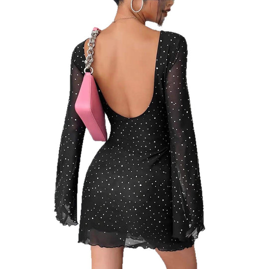 Damen elegantes Minikleid mit tiefem Rückenausschnitt und ausgestellten Ärmeln R&B