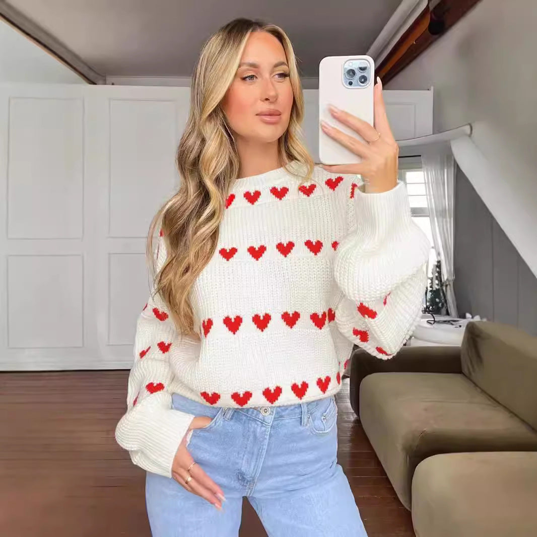 Damen Strickpullover mit Herzmuster und lässigem Schnitt R&B