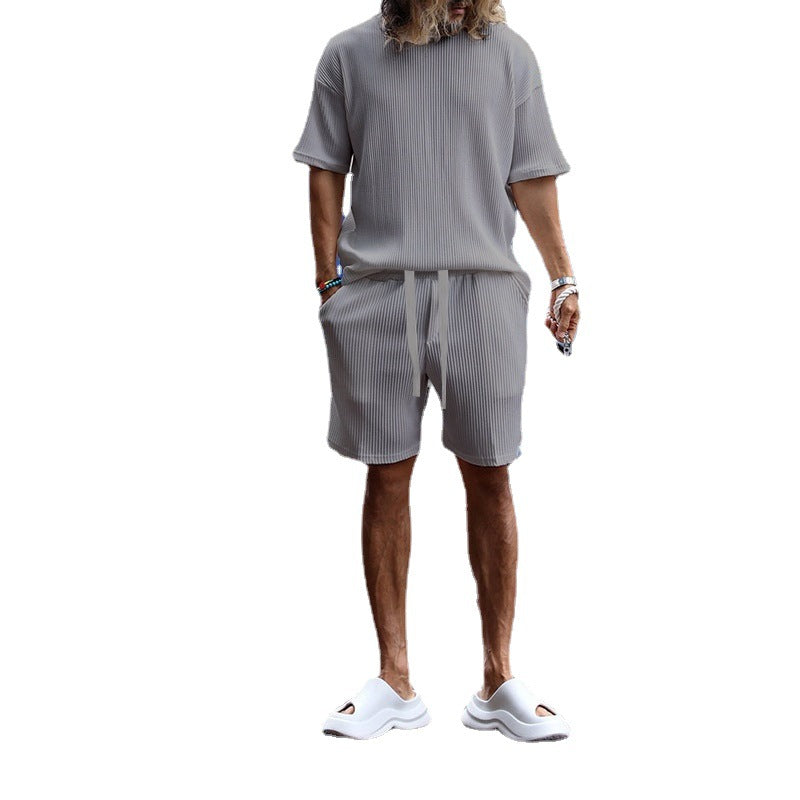 Herren nan lässiges Waffeljersey-Set mit weitem Oberteil und Tunnelzug-Shorts R&B