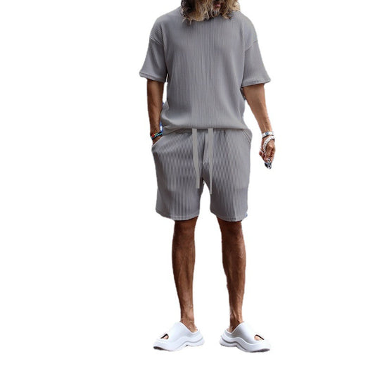 Herren nan lässiges Waffeljersey-Set mit weitem Oberteil und Tunnelzug-Shorts R&B