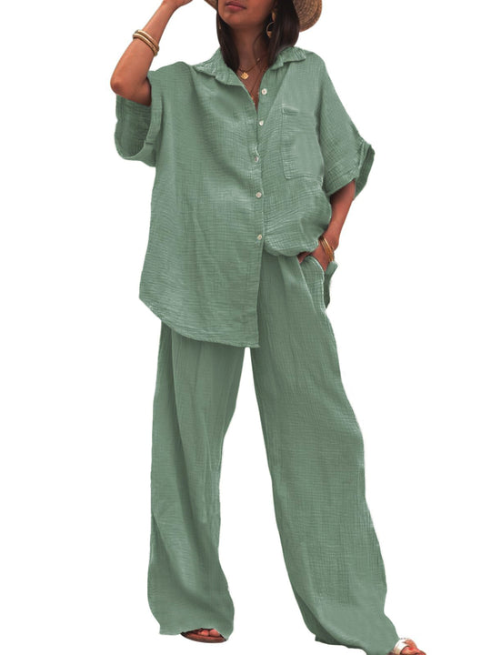 Damen luftiges Oversize-Hemd und weite Hose Set R&B