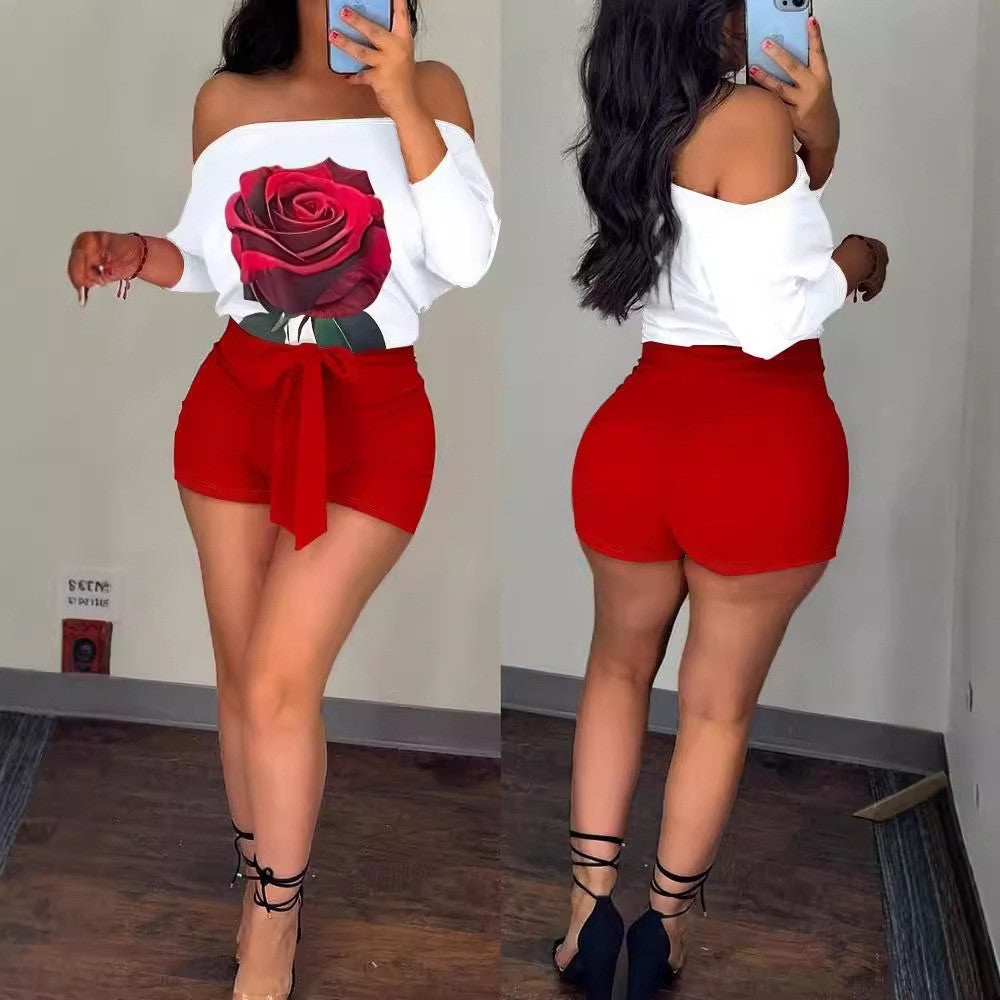 Damen Off-Shoulder Oberteil mit floralem Druck und hochgeschnittenem Rock R&B
