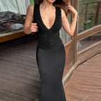 Damen Elegantes Maxikleid mit tiefem V-Ausschnitt und romantischem Spitzenoberteil R&B