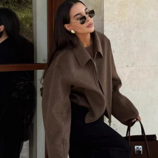 Damen lässige oversized Jacke mit Reißverschluss und schmalem Kragen R&B