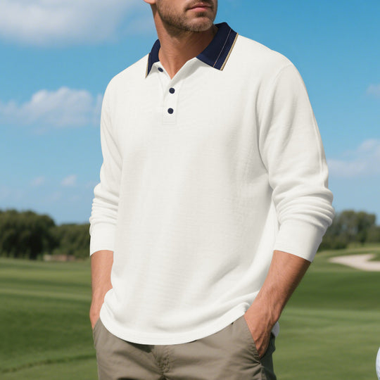 Herren elegantes Langarm-Polohemd mit kontrastierendem Kragen und modischen Knopfdetails R&B