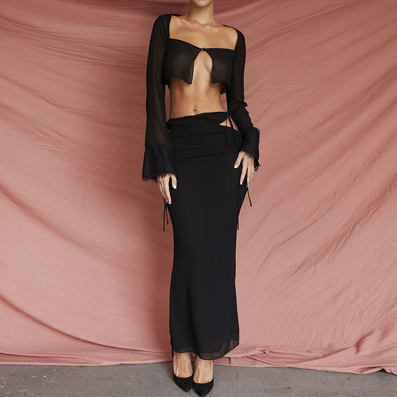 Damen Transparentes Set mit Crop-Top und Maxirock R&B