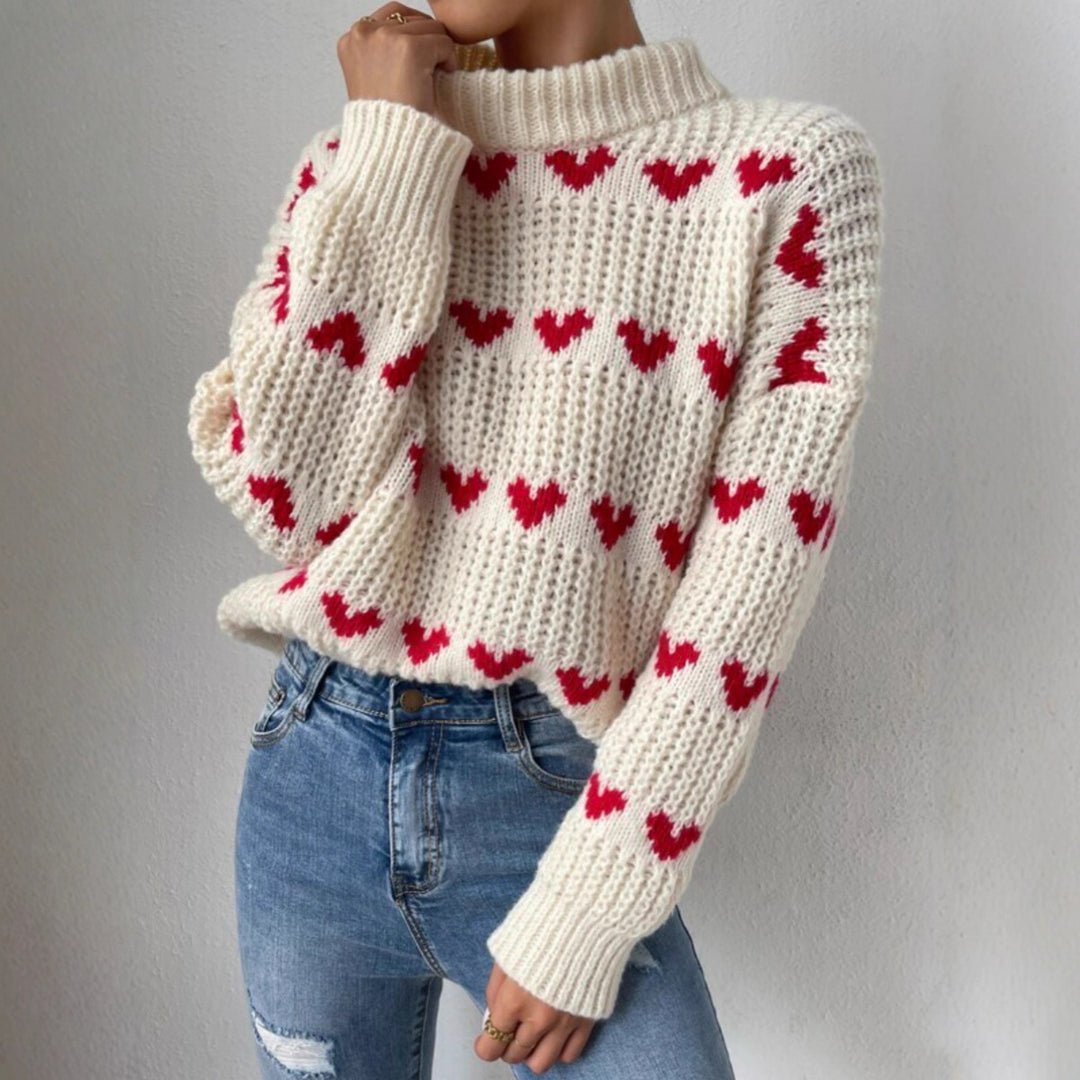 Damen Grobstrickpullover mit Herzmuster und Rollkragen R&B