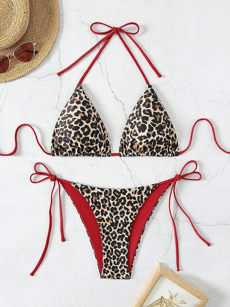 Damen Triangel-Bikini-Set mit verstellbaren Bindebändern und animalischem Design R&B