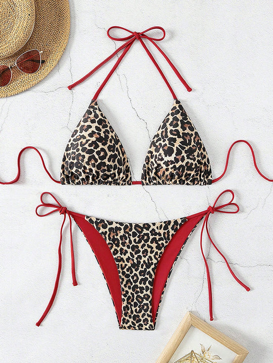 Damen Triangel-Bikini-Set mit verstellbaren Bindebändern und animalischem Design R&B