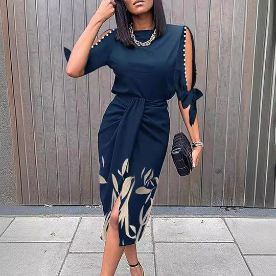Damen Midikleid mit elegantem Bindegürtel und modischen Cut-Out-Ärmeln R&B
