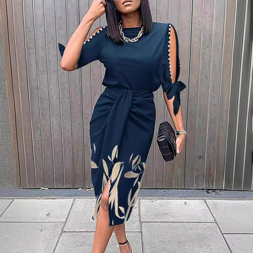 Damen Midikleid mit elegantem Bindegürtel und modischen Cut-Out-Ärmeln R&B