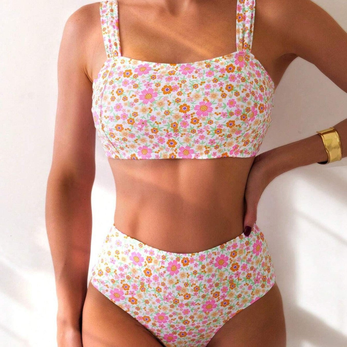R&B | Damen Hoch Tailliertes Bikini-Set mit Floralen Mustern und Breiten Trägern