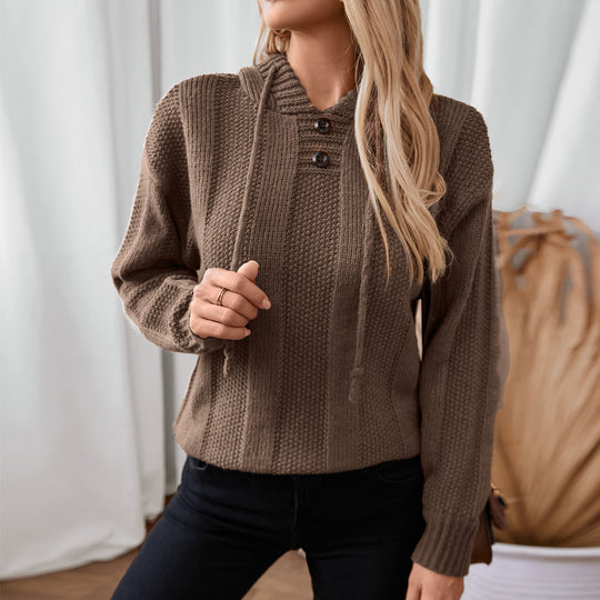Damen lässiger Strickpullover mit Kapuze und Knopfdetails R&B