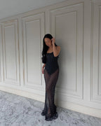 Damen transparenter Maxi-Kleid mit gepunktetem Design und verführerischen Rüschendetails R&B