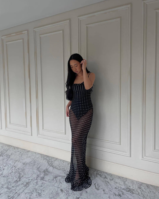 Damen transparenter Maxi-Kleid mit gepunktetem Design und verführerischen Rüschendetails R&B