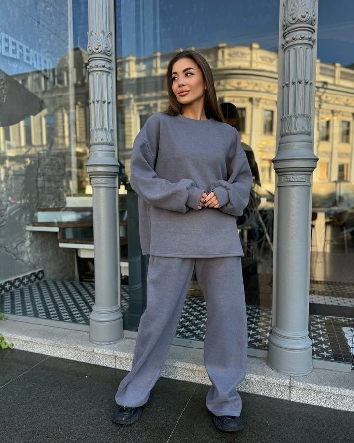 Damen lässiges Fleece-Loungewear-Set mit weichem Oversized-Pullover und bequemen Hosen R&B