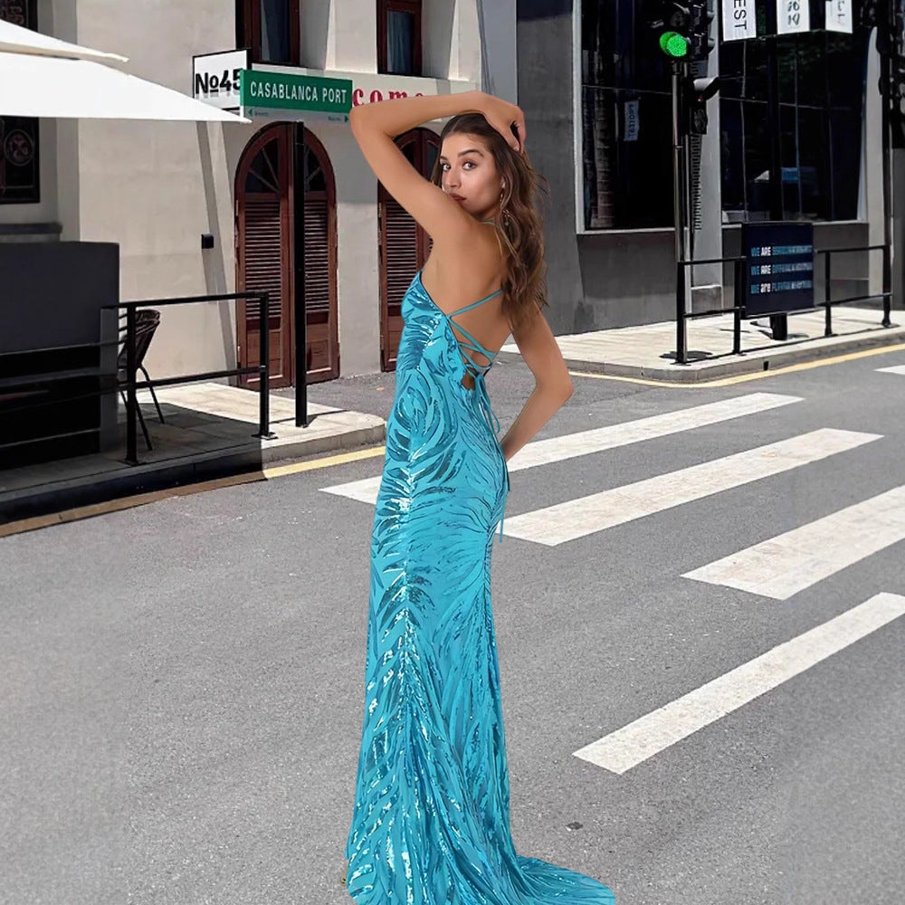 Damen Glamouröses Abendkleid mit funkelndem Paillettenmuster und V-Ausschnitt R&B