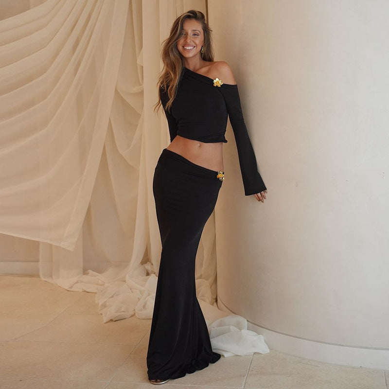 Damen Elegantes Maxikleid mit asymmetrischem Ausschnitt und langen Flügelärmeln R&B