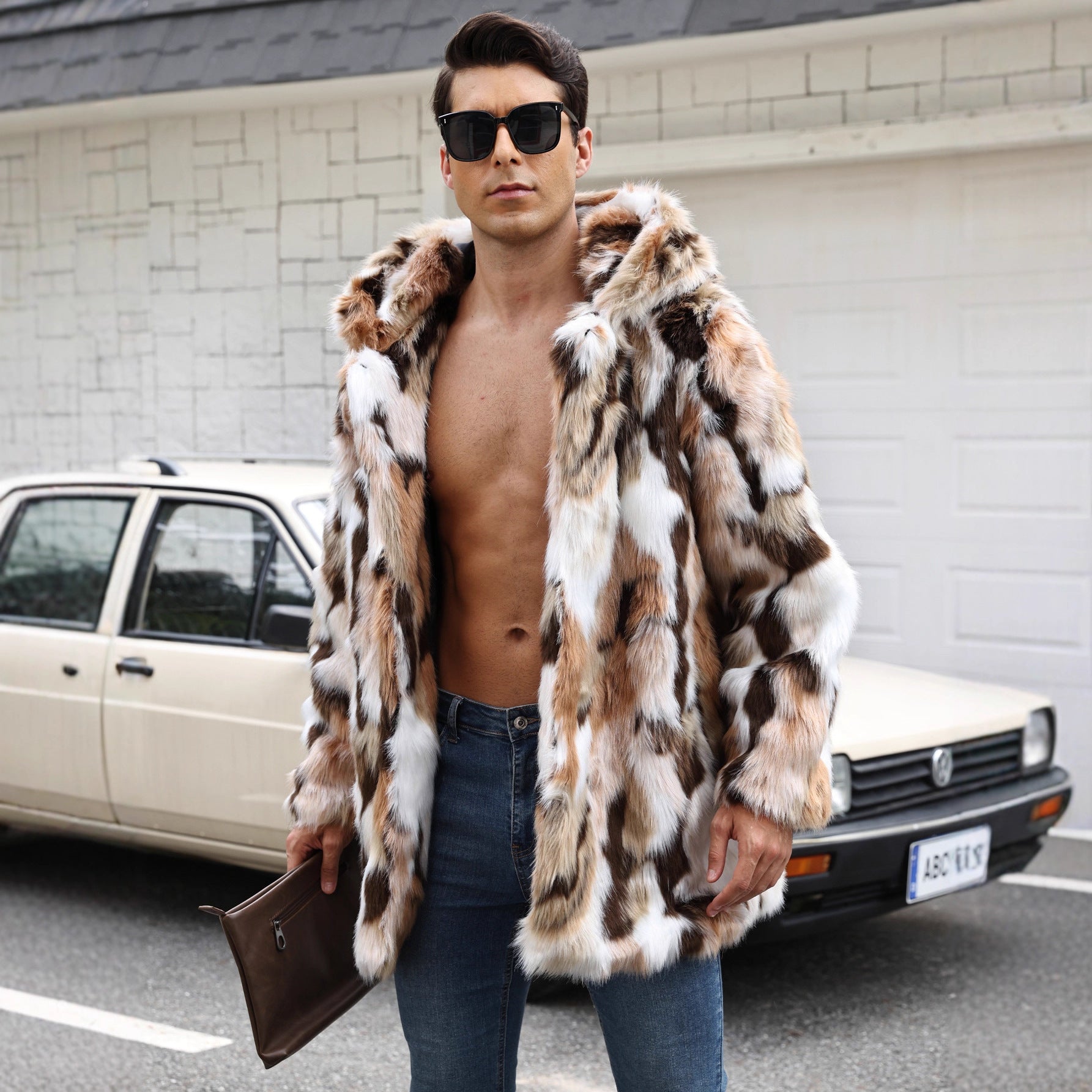 Herren Eleganter Kunstpelz-Mantel mit auffälligem Tiermuster R&B