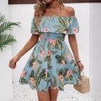 Damen Off-Shoulder Kleid mit floralem Muster und elastischem Taillenzug R&B