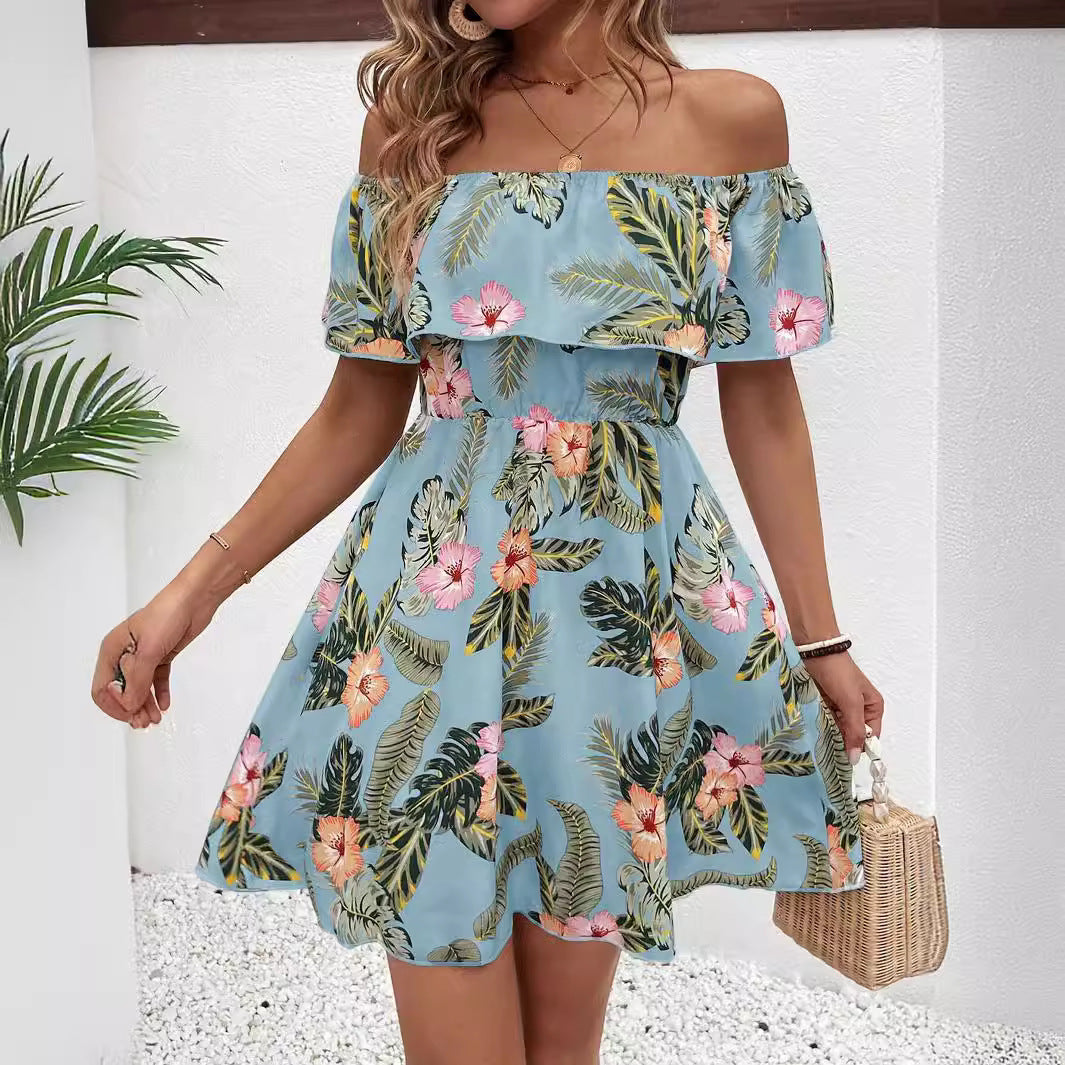 Damen Off-Shoulder Kleid mit floralem Muster und elastischem Taillenzug R&B