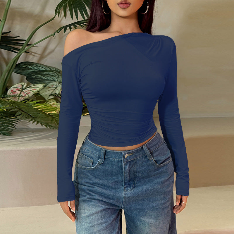 Damen Langarm-Crop-Top mit asymmetrischem Ausschnitt und Raffung R&B